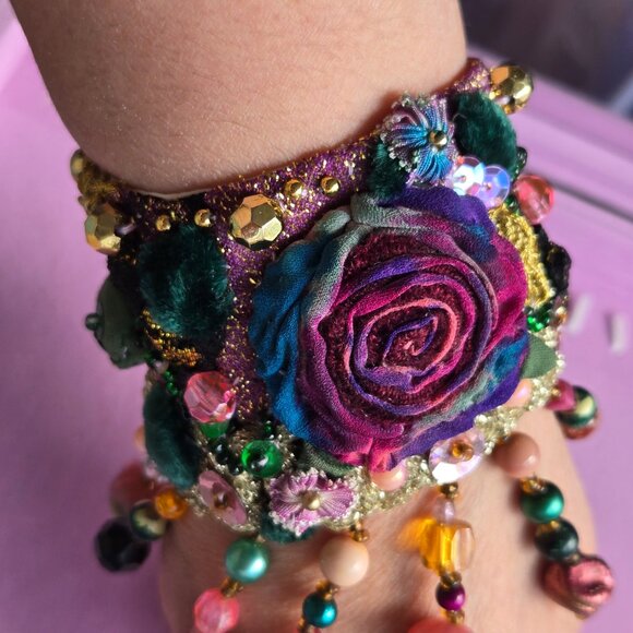 Gypsy Hand Embroidered Bracelet | Boho Tie-dye -Style Textile Cuff | Whimsical - Picture 4 of 11